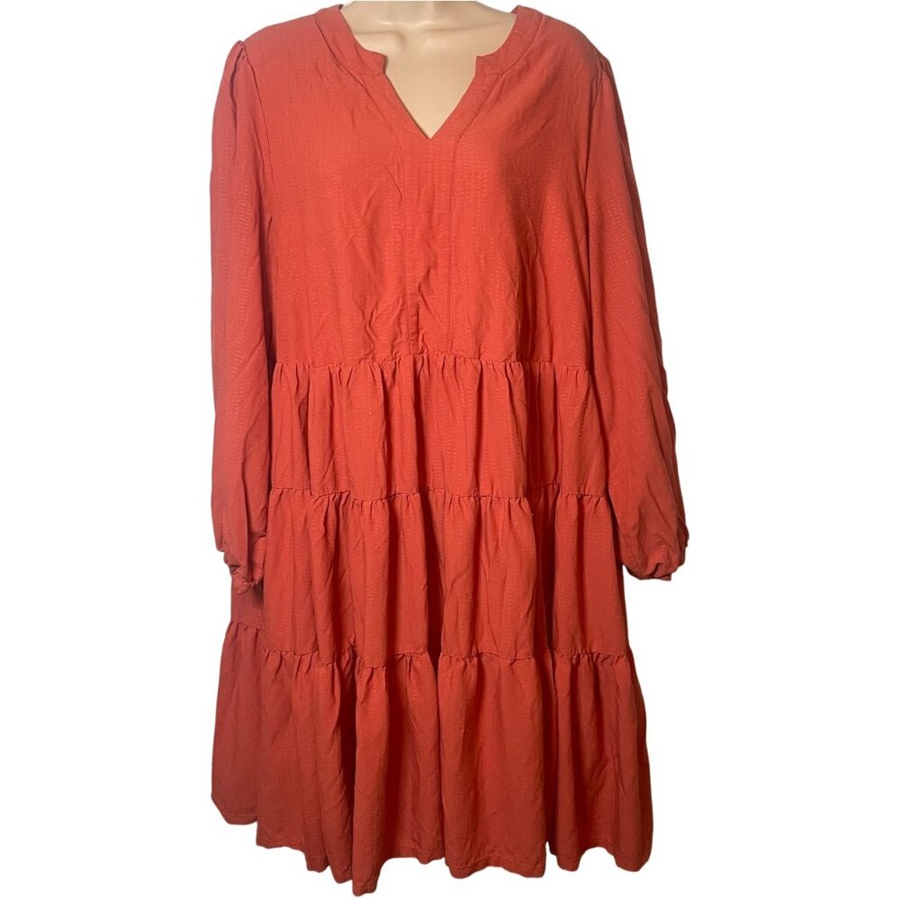 Maeve by Anthropologie Amber Tiered Ruffle‎ Tunic Dress Coral 1X Peasant Boho